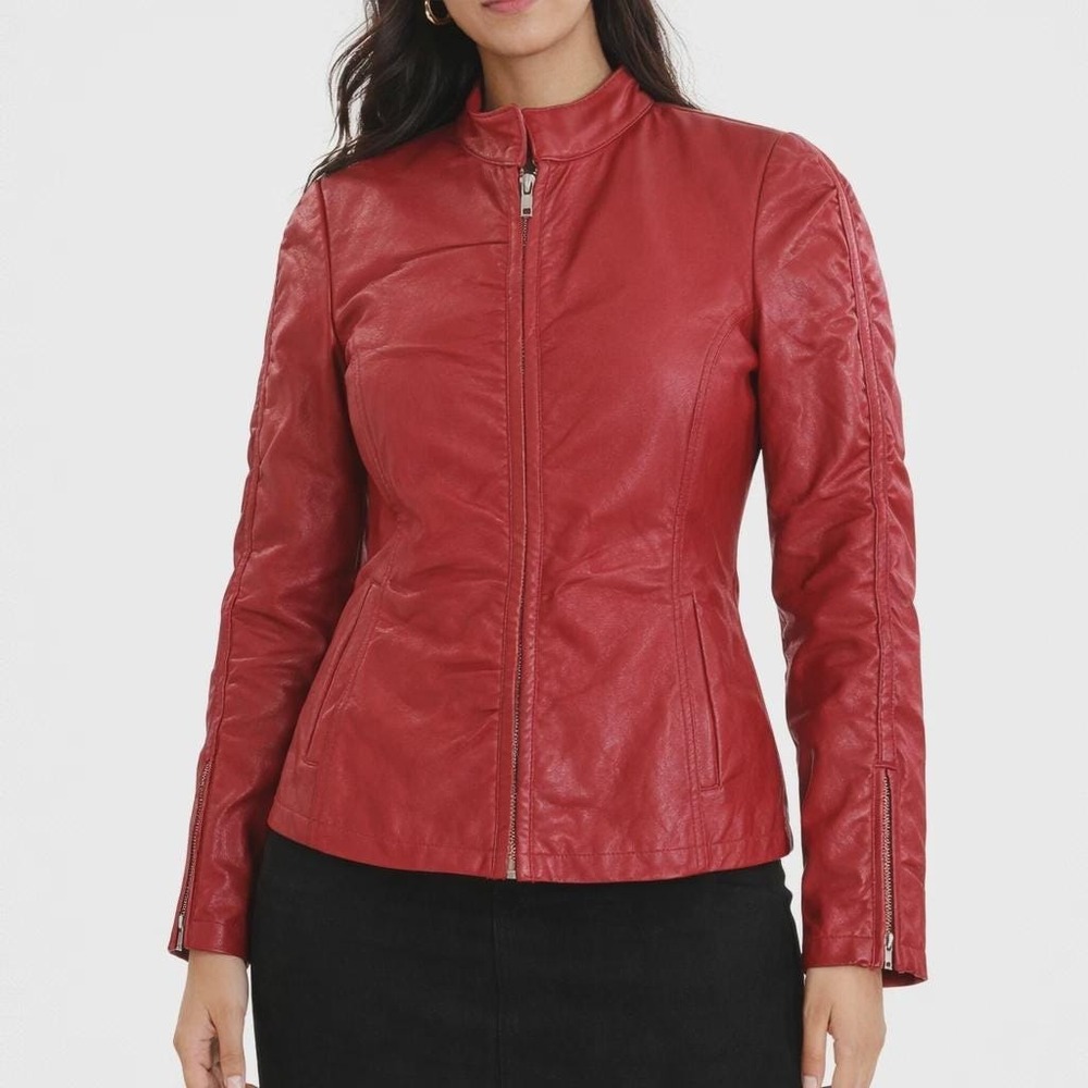 Y2K Vintage Womens Red Leather Racing Jacket Full Zip Band Collar Ruched Size XS